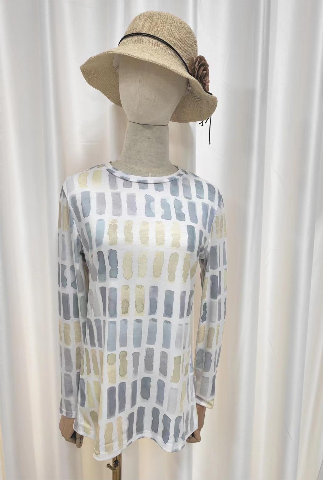 Geometric shirt with round neck in beige