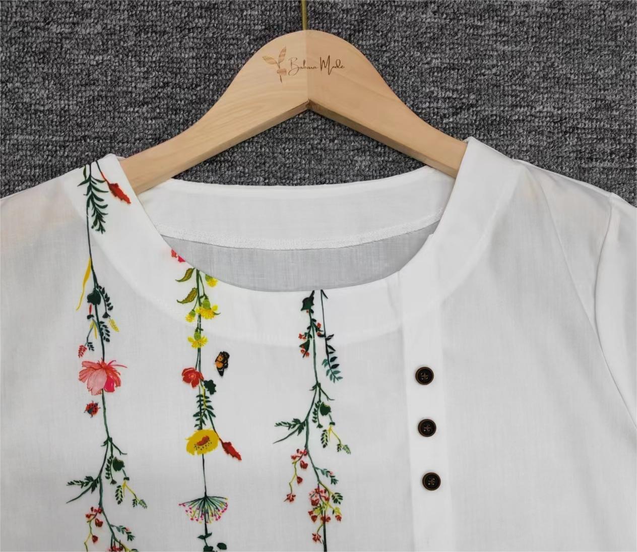 White Floral Vine Short Sleeve Crew Neck Top