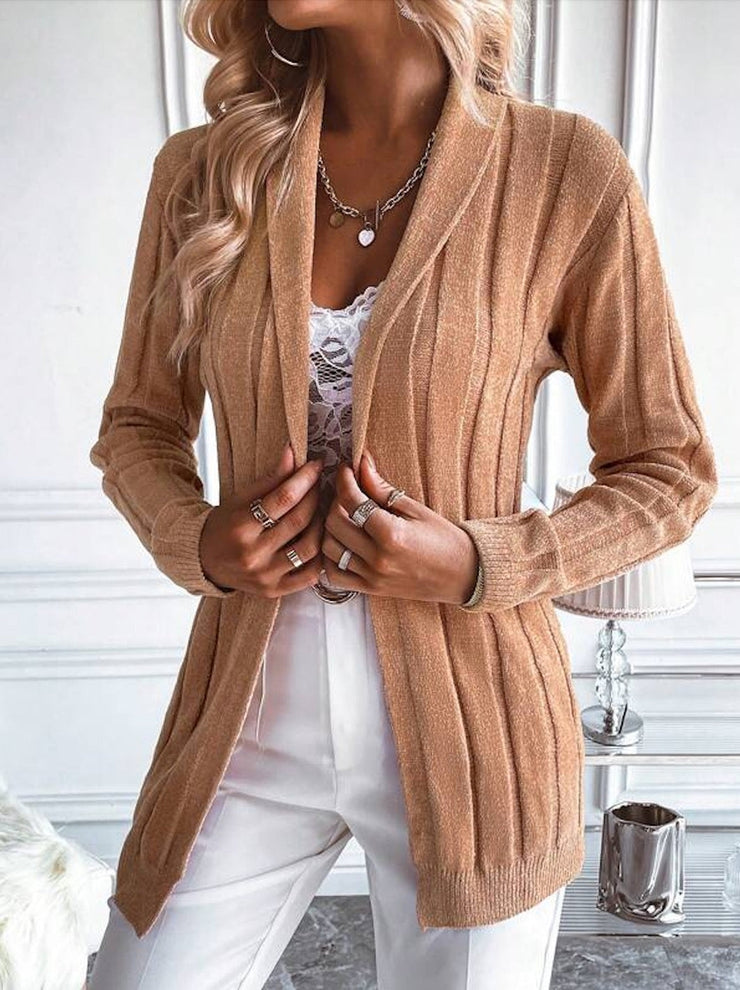 Brown Solid Color Lapels Long Sleeve Cardigan