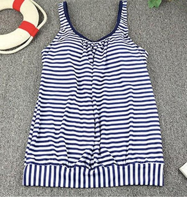 Navy blue sleeveless swimwear with print