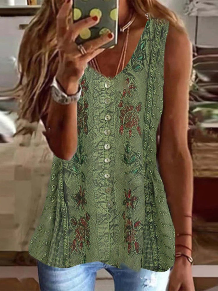 Sage green tank top with floral print and button placket