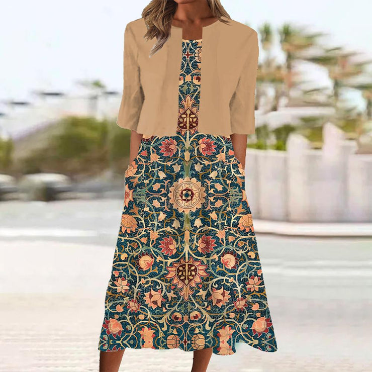 Coffee Midi Dress with Half Sleeves and Print