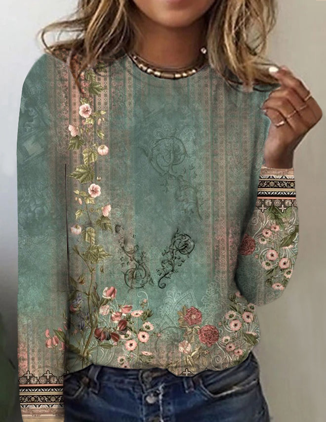 Long sleeve top with green floral print