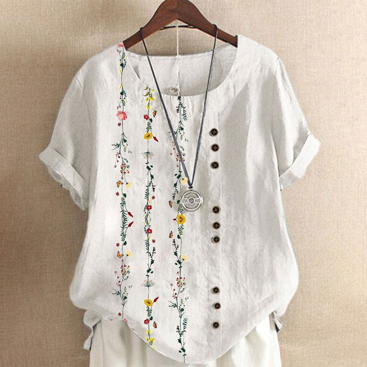 White Floral Vine Short Sleeve Crew Neck Top