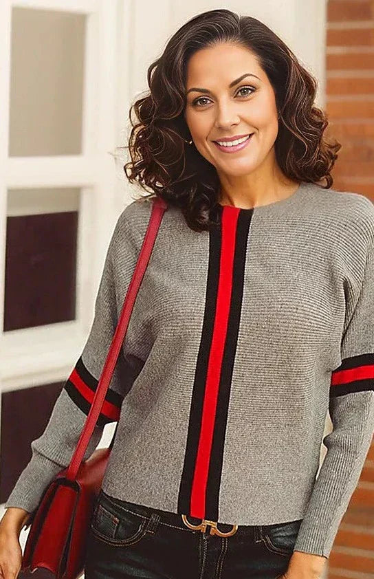 Boston Red Striped Grey Dolman Sweater