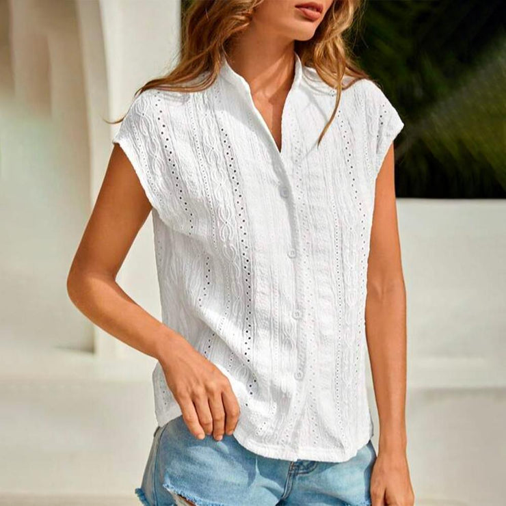 Elegant monochrome short sleeve top with V-neck