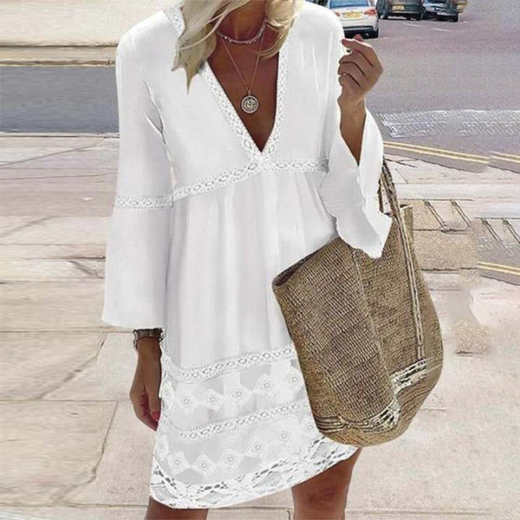 Fresh White V Neck Long Sleeve Mini Dress With Eyelets