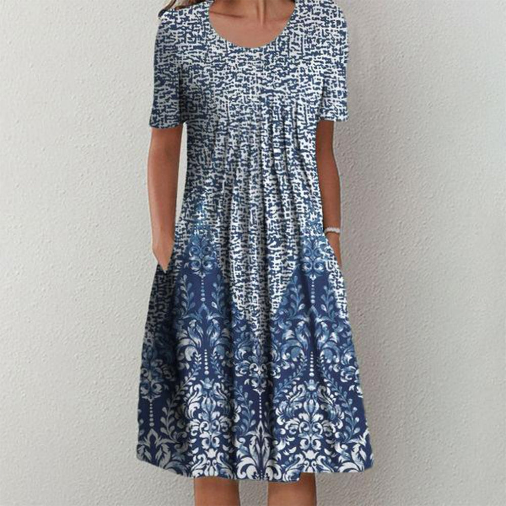 Temperament Blue Midi Dress with Vintage Print