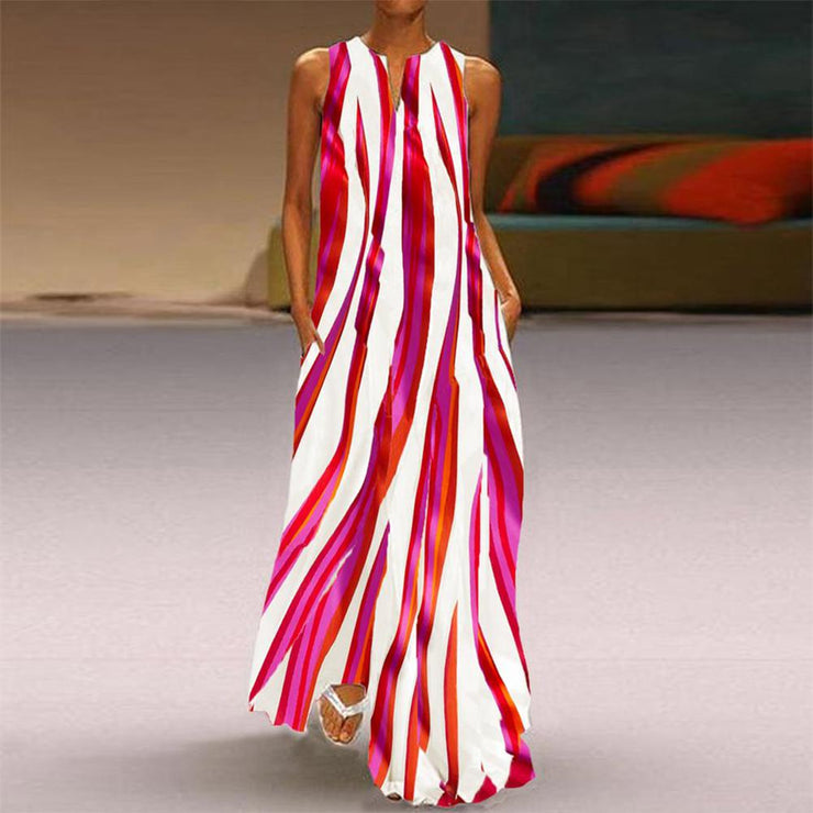 Stylish rose red striped sleeveless maxi dress