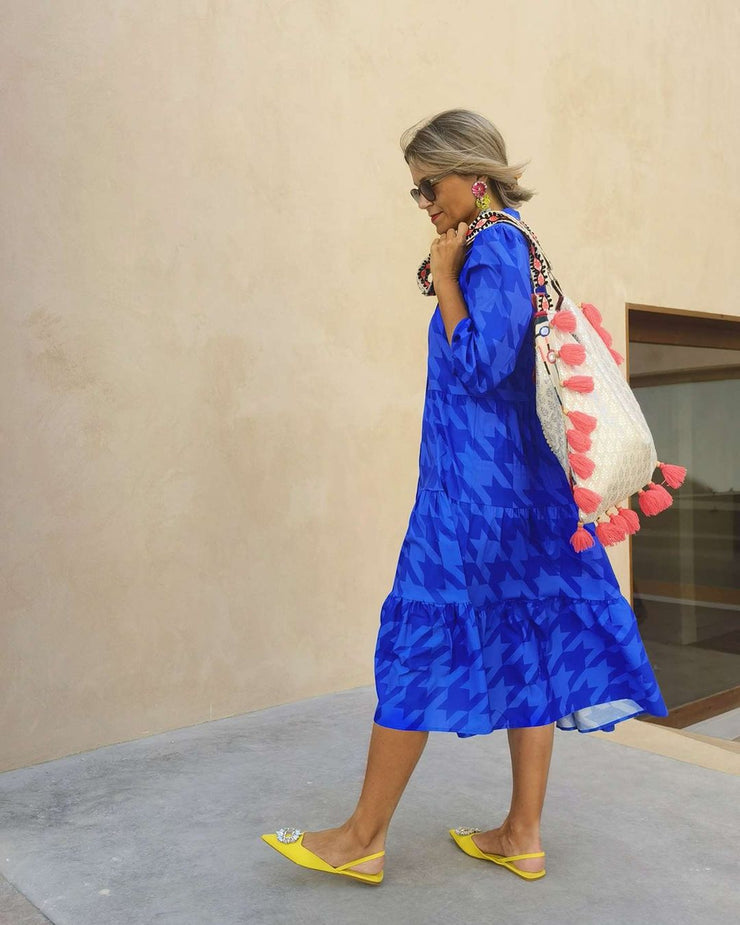 Blue printed midi dress with collar