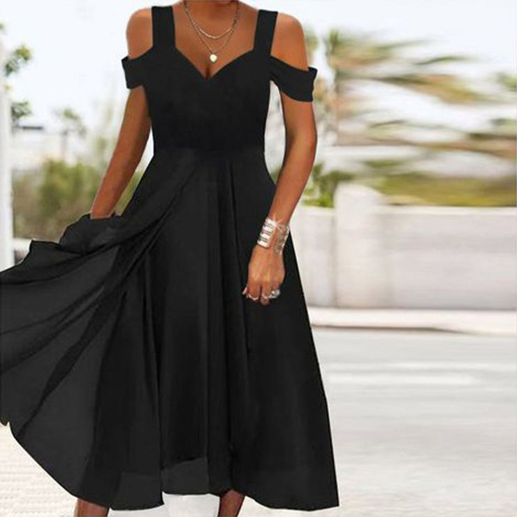 Black Solid Color Midi Dress With Straps