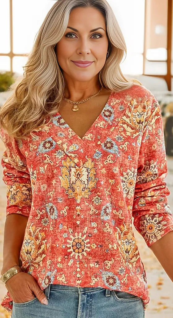 Boho Summer Flower Red V-neck Top