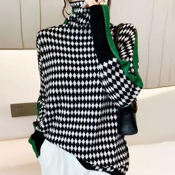 Green striped sweater with black and white diamond pattern