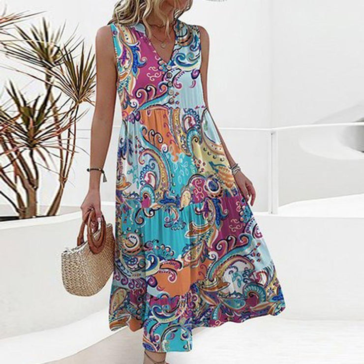 Elegant multicoloured sleeveless midi dress