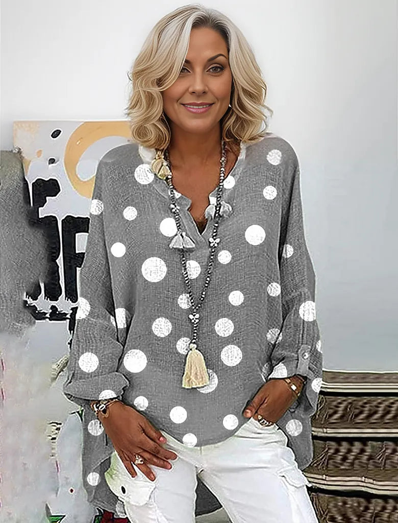 Modern White Dotted Relaxed Grey Blouse Tunic Top