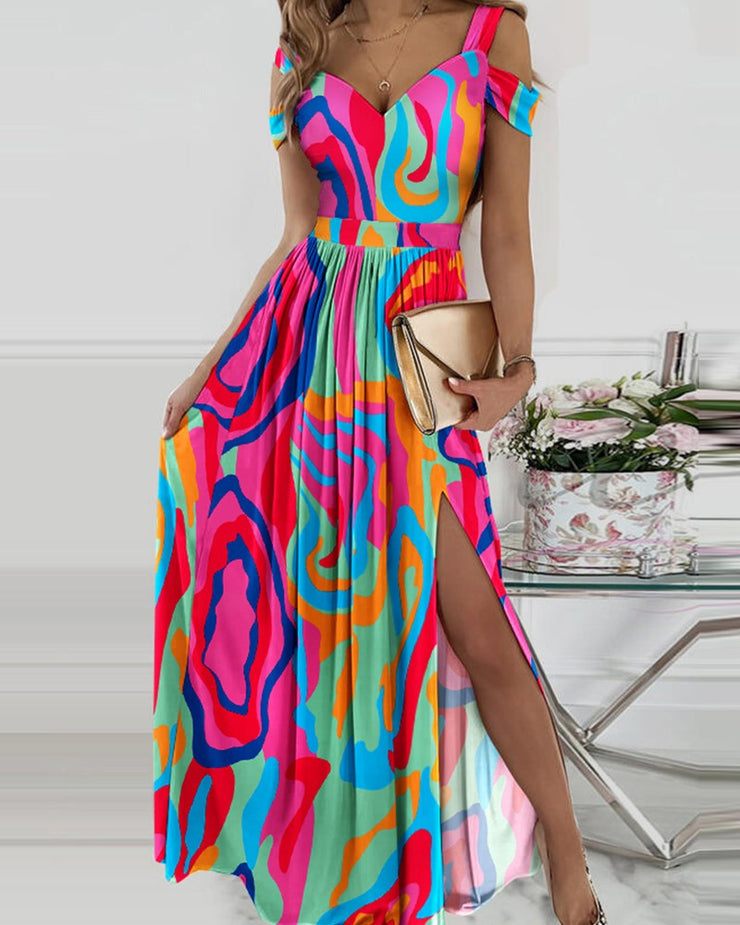 Colorful Swirl Cold Shoulder Dress With High Slit Maxi Dress