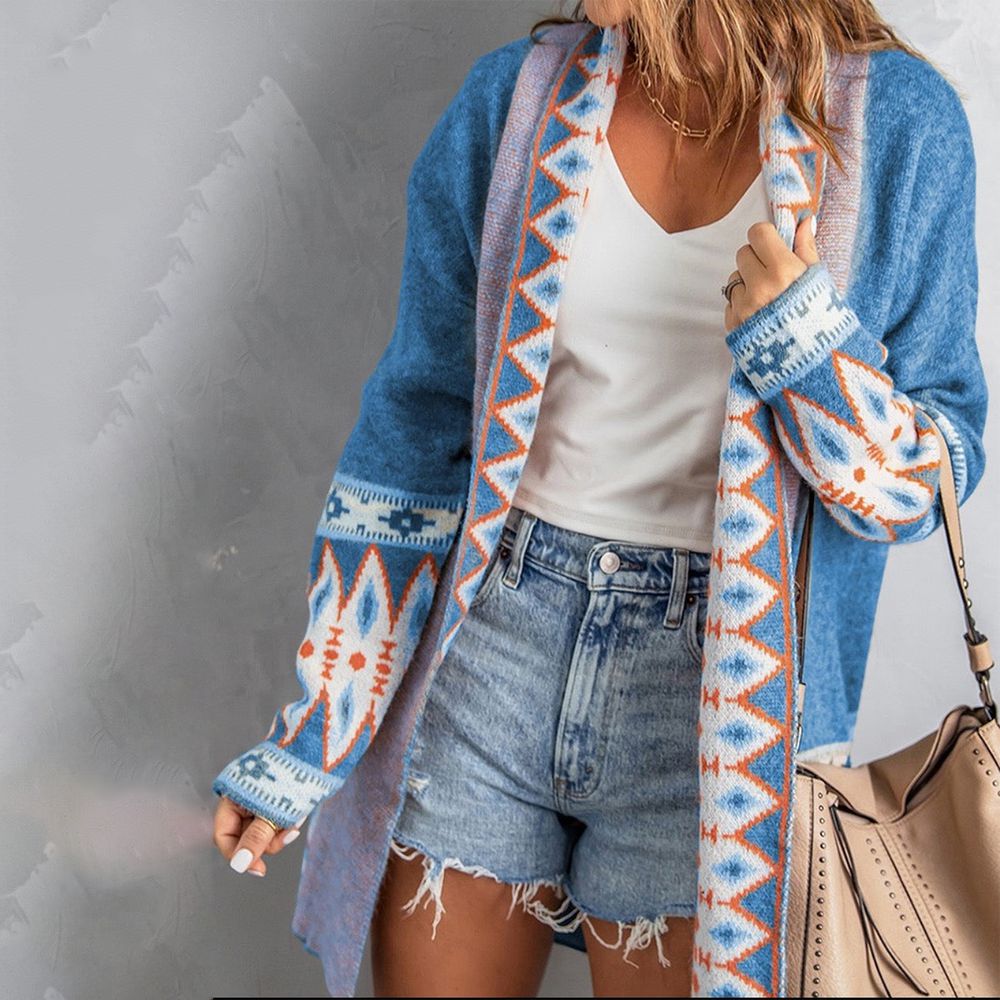 Blue long sleeve cardigan with print