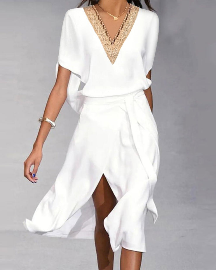 Chevron V-Neck White Draped High Slit Midi Dress