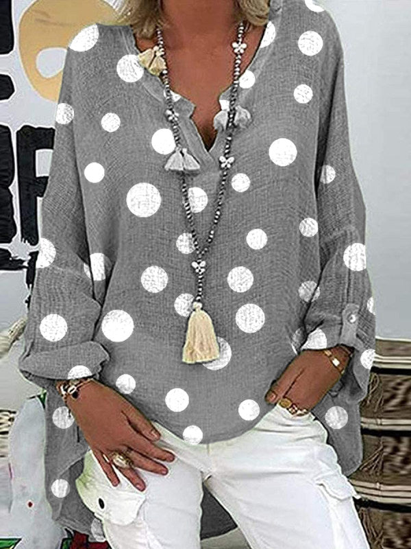 Modern White Dotted Relaxed Grey Blouse Tunic Top