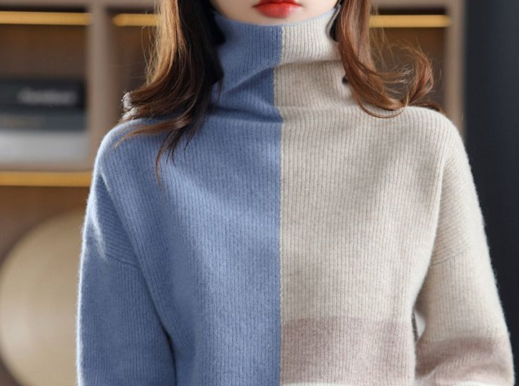 Fluffy color block sweater with high neckline