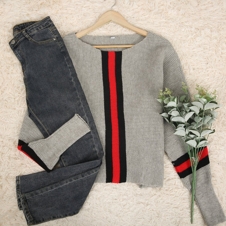 Boston Red Striped Grey Dolman Sweater