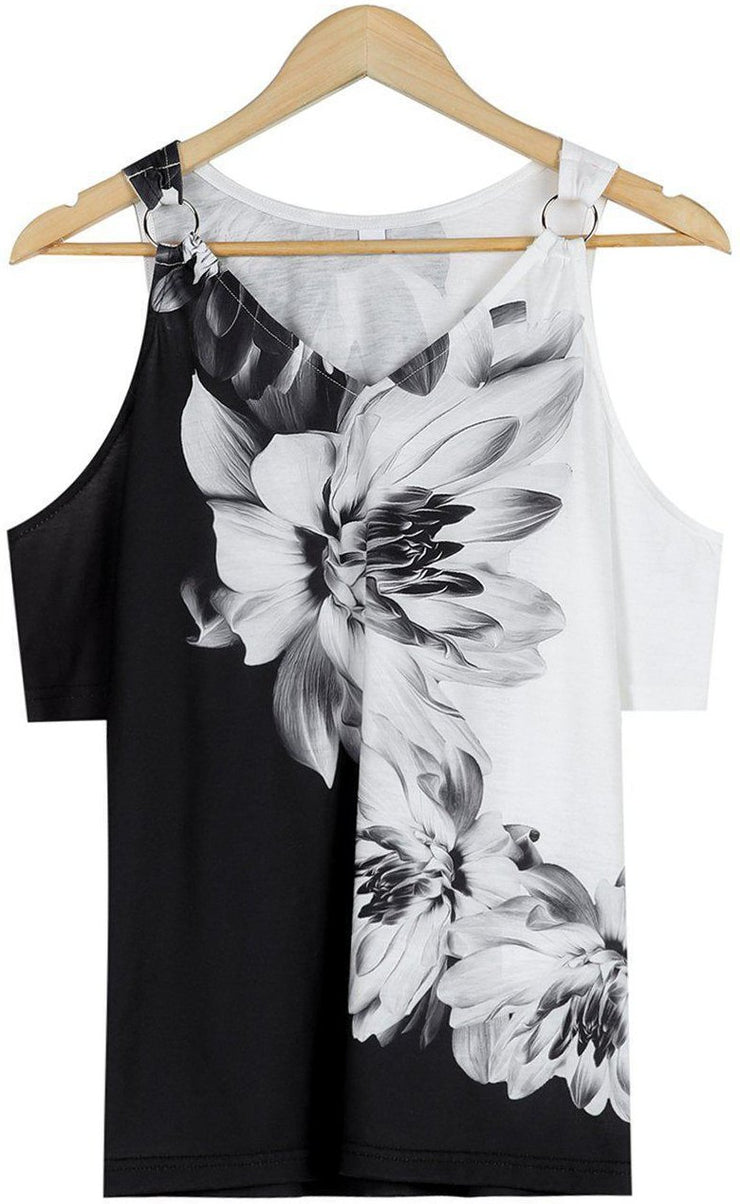 Metal ring Black and white flower tunic top