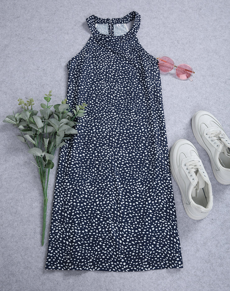 Sleeveless White Dotted Blue Mini Dress