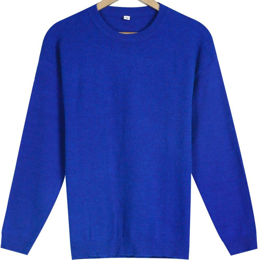 Casual Blue Solid Color Round Neck Long Sleeve Sweater