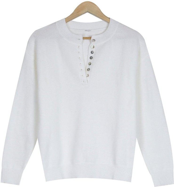 Classic plain white sweater with button placket