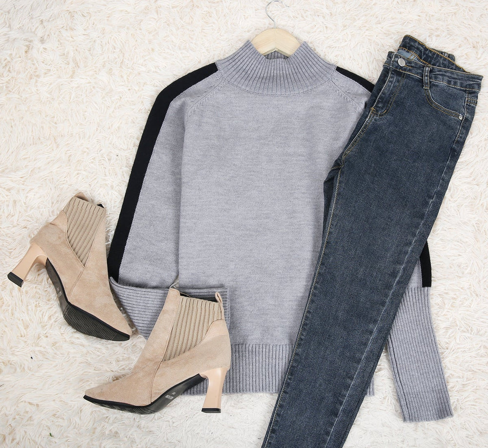 Slate grey and black striped turtleneck sweater