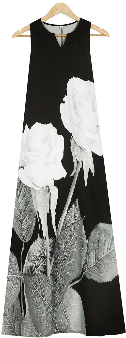 Sleeveless maxi dress with white roses