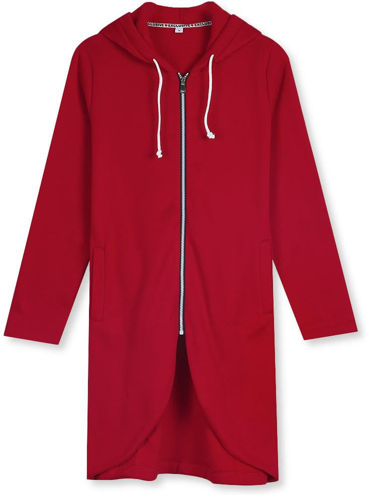 Motor Red Uneven Hem Hooded Sweater with Zipper Cardigan