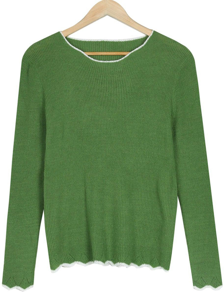 Olive long sleeve sweater with white hem