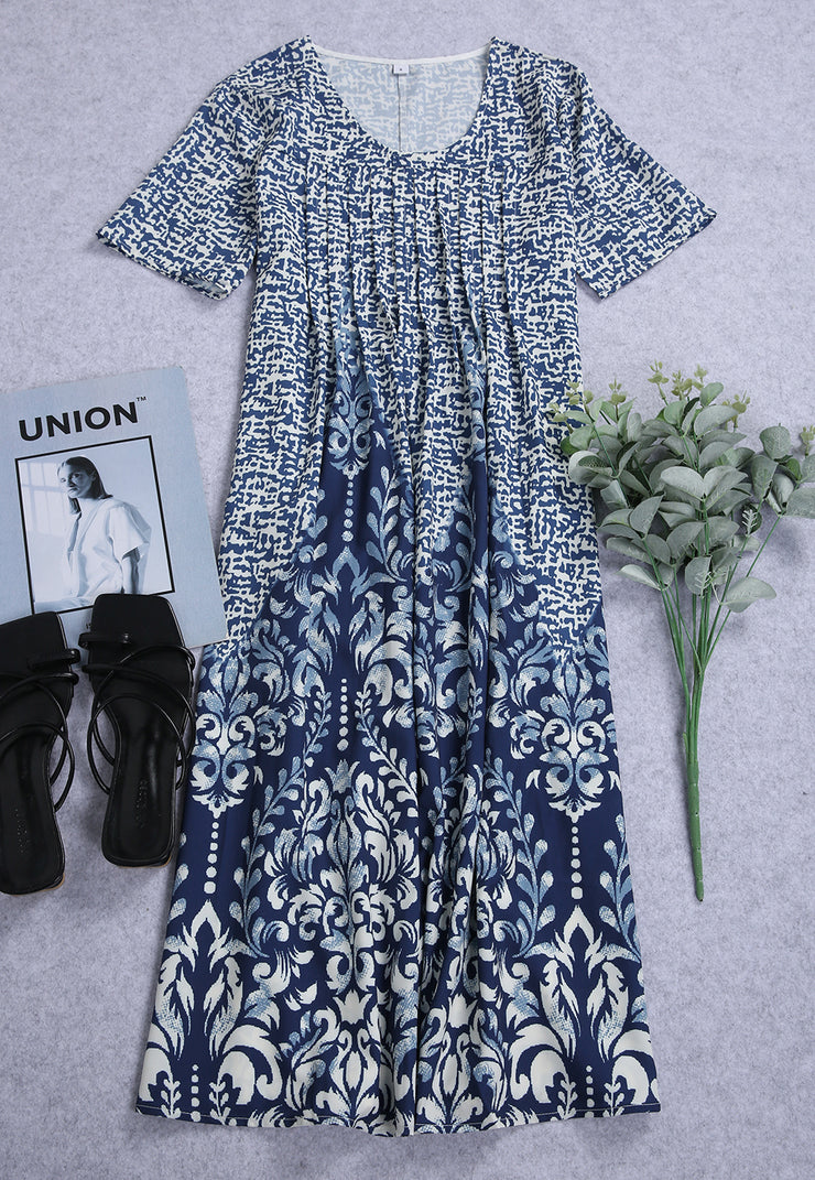 Temperament Blue Midi Dress with Vintage Print