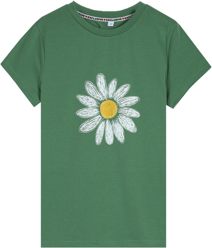 Green floral print top with round neck