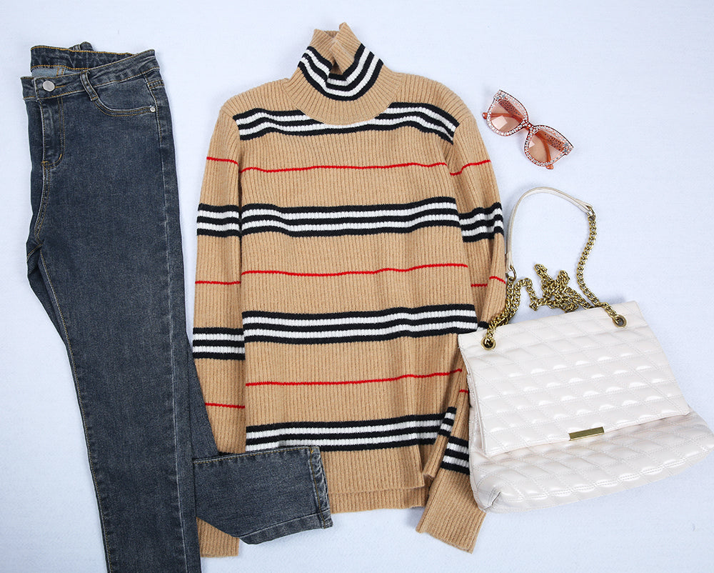 Neutral red-black striped checkered sweater