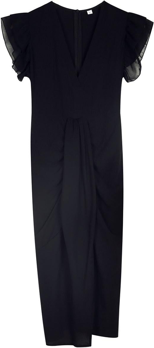 Sleeveless dress with double frill and deep collar and high slit