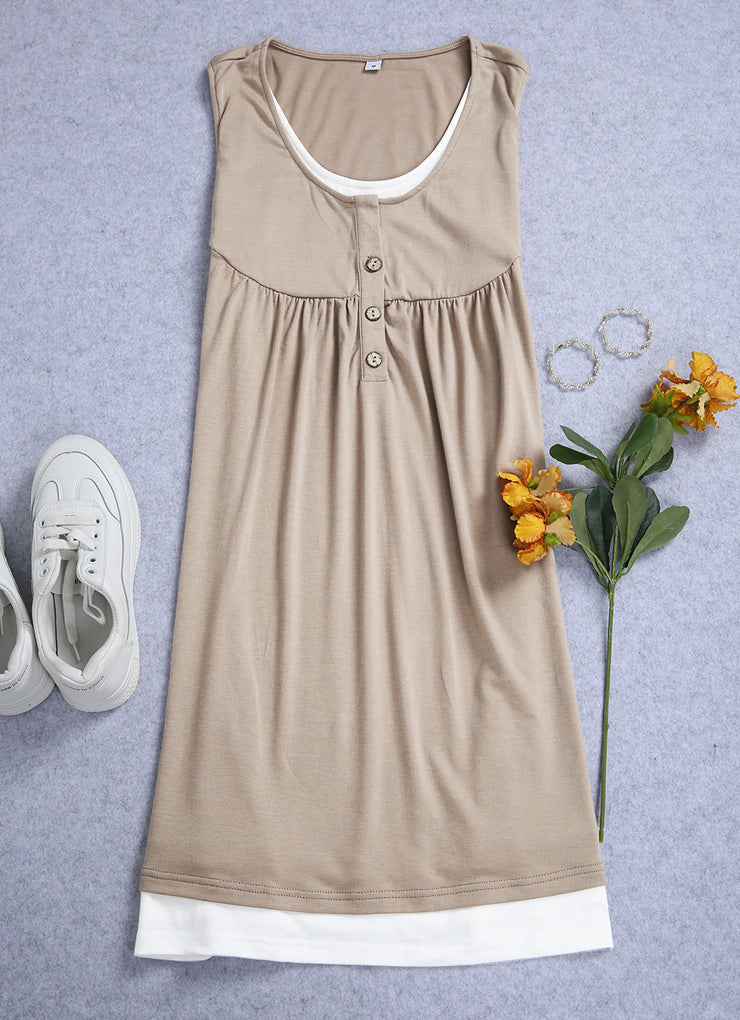 Khaki sleeveless smocked mini dress with button placket