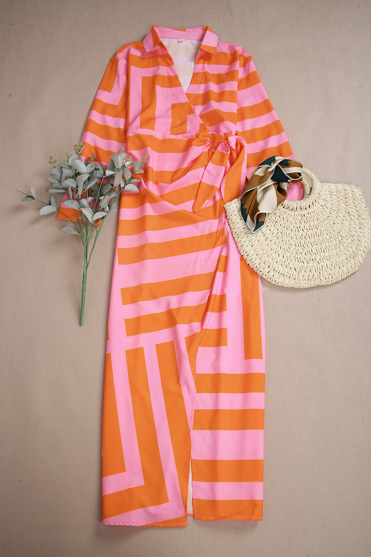 Cremesicle Stripe Wrapped Tie Waist Midi Dress