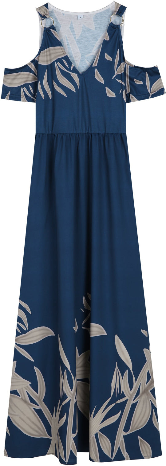 Cobalt Blue Summer Maxi Dress With Pleated V Neck And Cold Shoulders