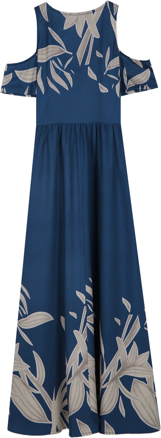 Purewear ®-  Cobalt Blue Summer Maxi Dress With Pleated V Neck And Cold Shoulders