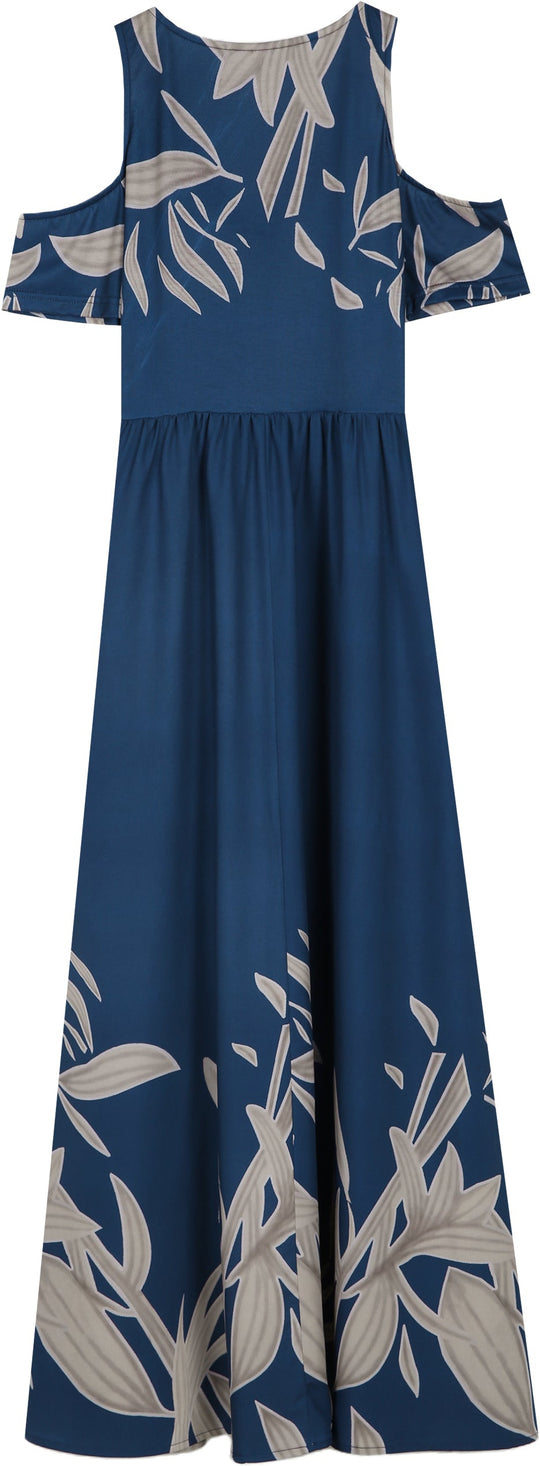 Cobalt Blue Summer Maxi Dress With Pleated V Neck And Cold Shoulders