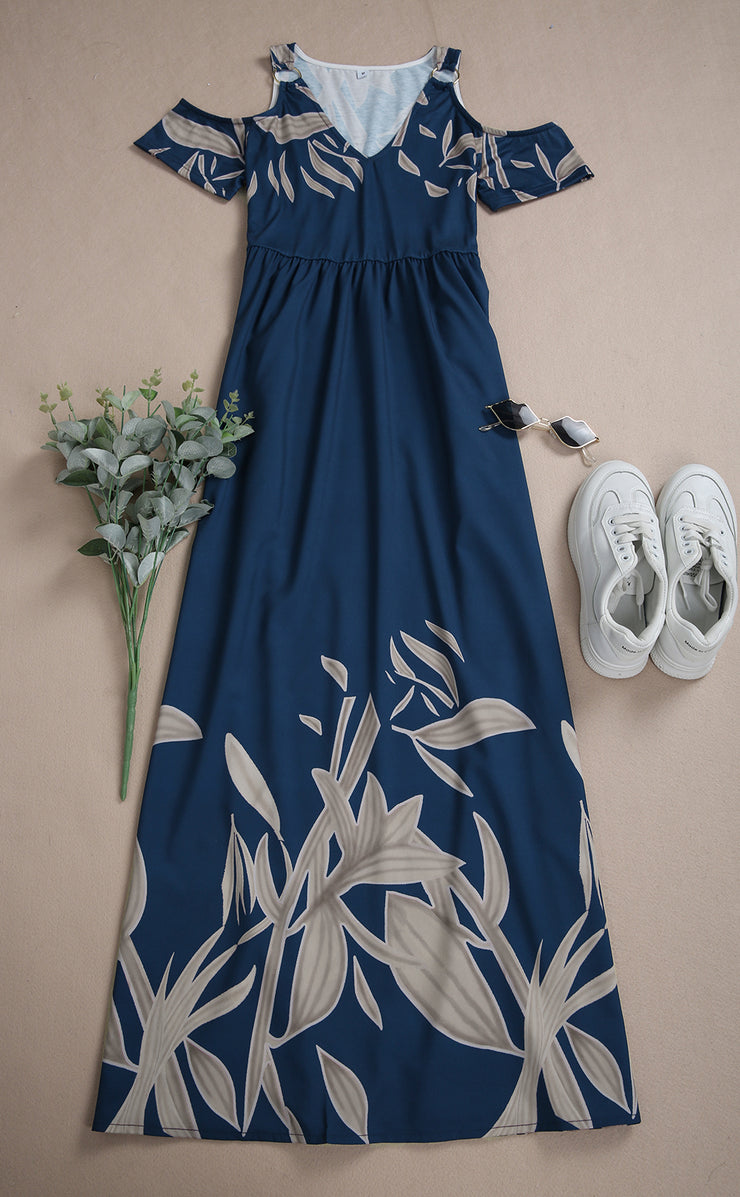 Cobalt Blue Summer Maxi Dress With Pleated V Neck And Cold Shoulders