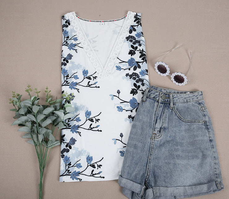 Blue flower sleeveless V-neck summer cami