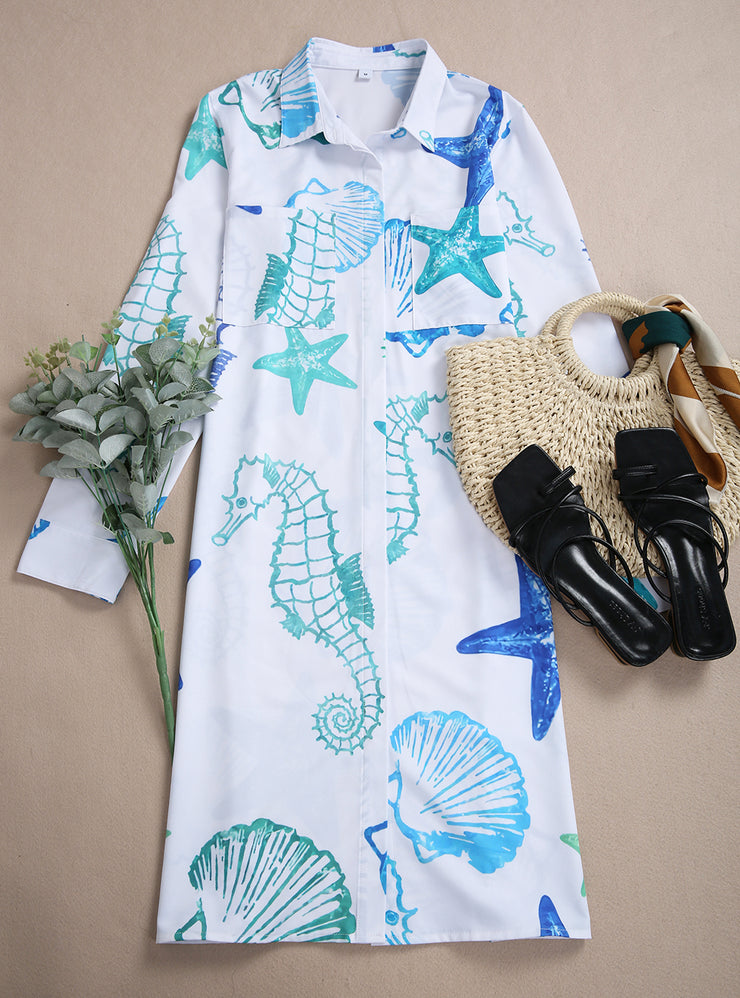 Starfish Shell Blue White Blouse Dress