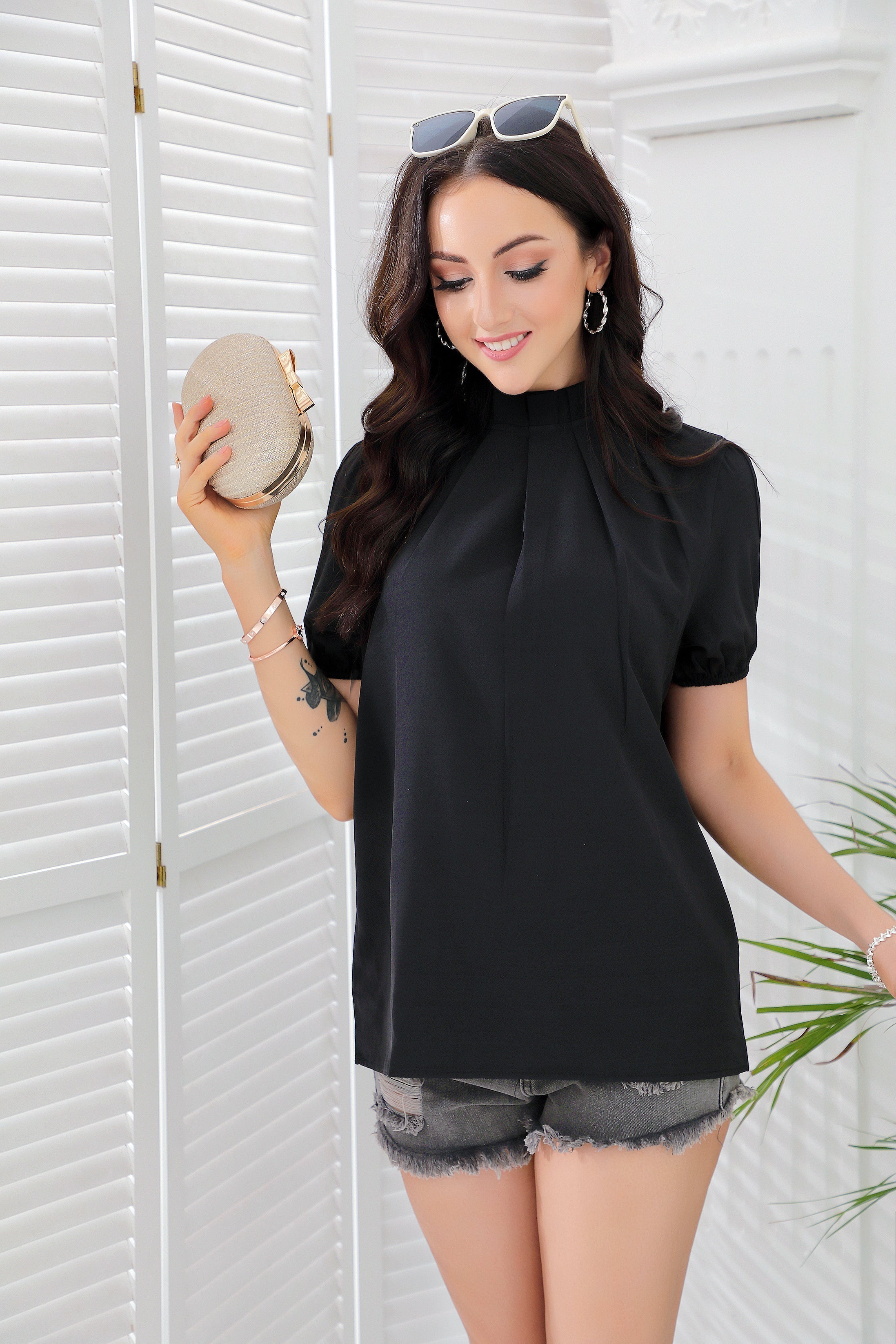 Black pleated top with split sleeves