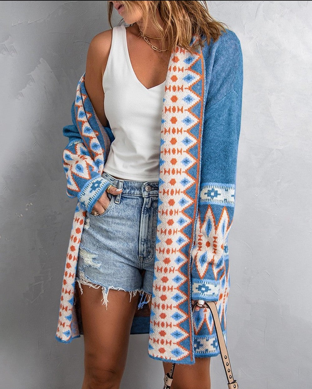 Blue long sleeve cardigan with print