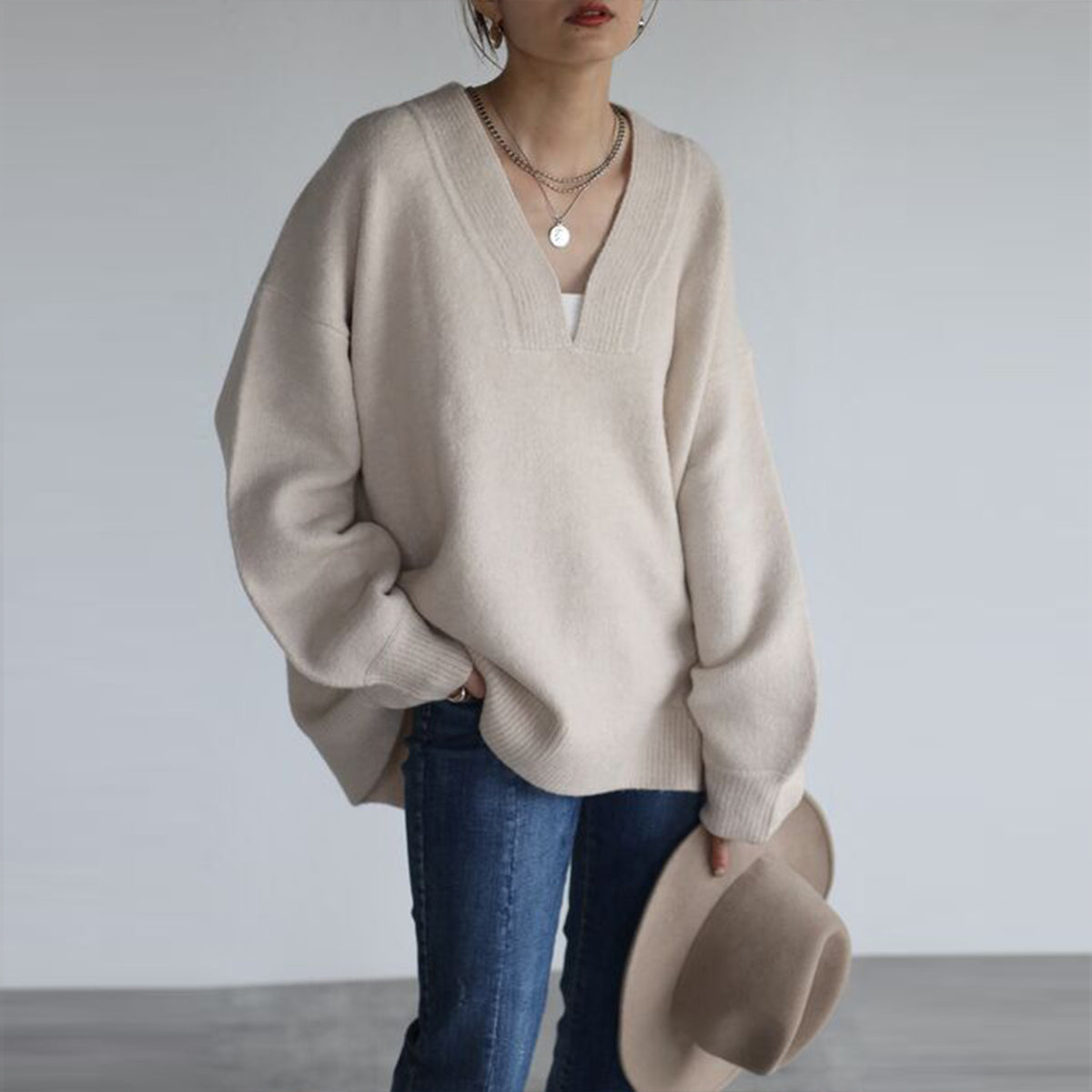 Apricot Solid Color V-neck Sweater