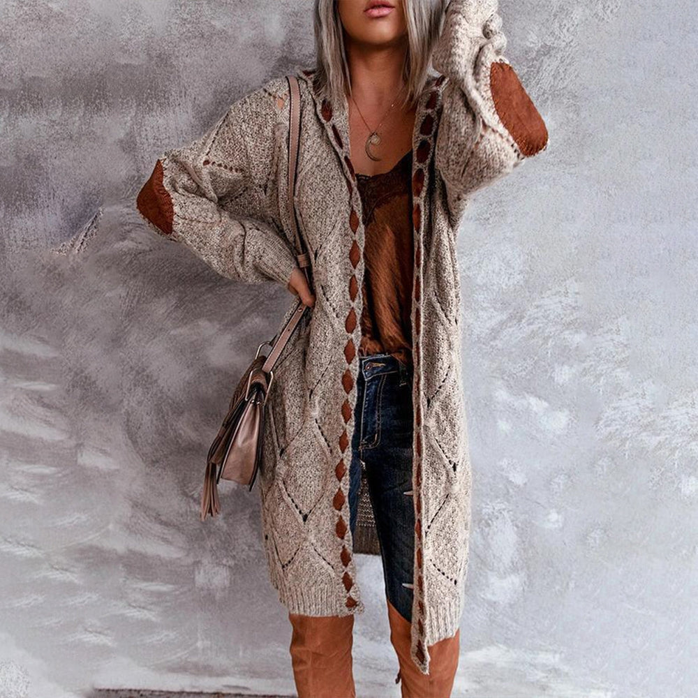 Khaki Diamond Patch Long Cardigan with Hood