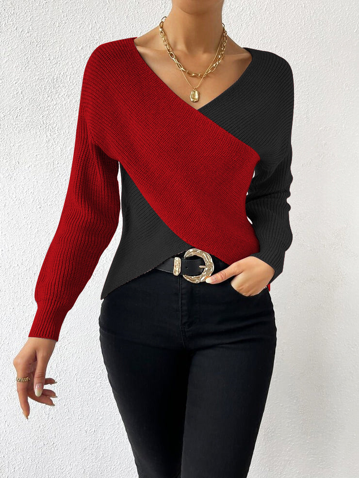 Modern color block sweater with V-neck